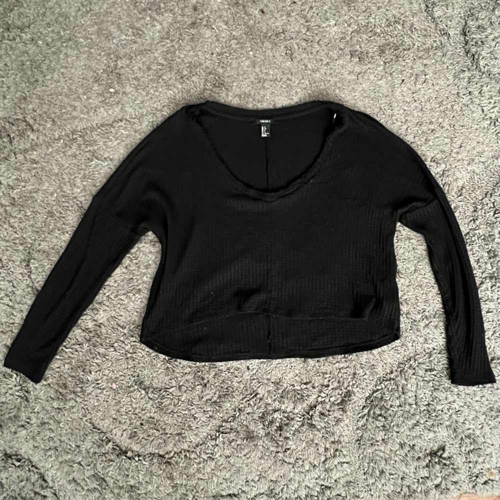 Forever 21 Black Waffle Knit Scoop Neck High Low Long Sleeve Size L